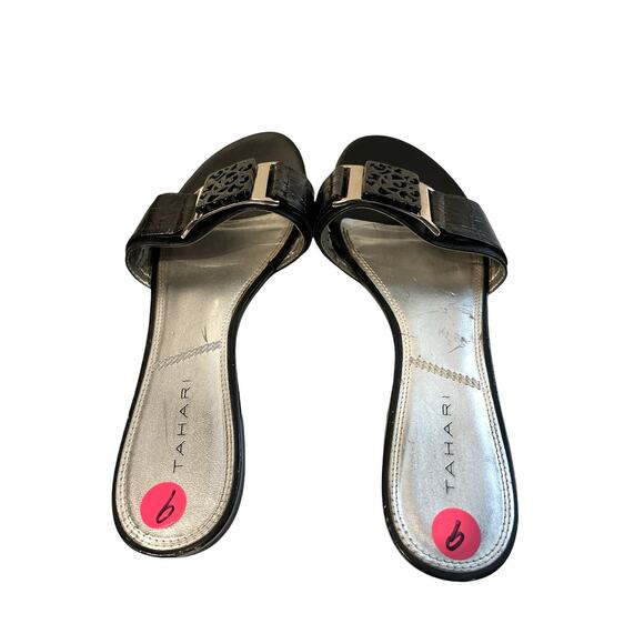 Tahari Black Buckle Flat Slide Slip Sandals 9 - Picture 6 of 11